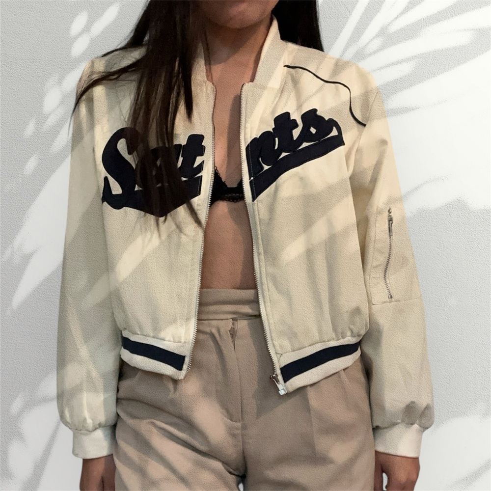 Korean Style Beige Bomber Jacket with Navy Accents